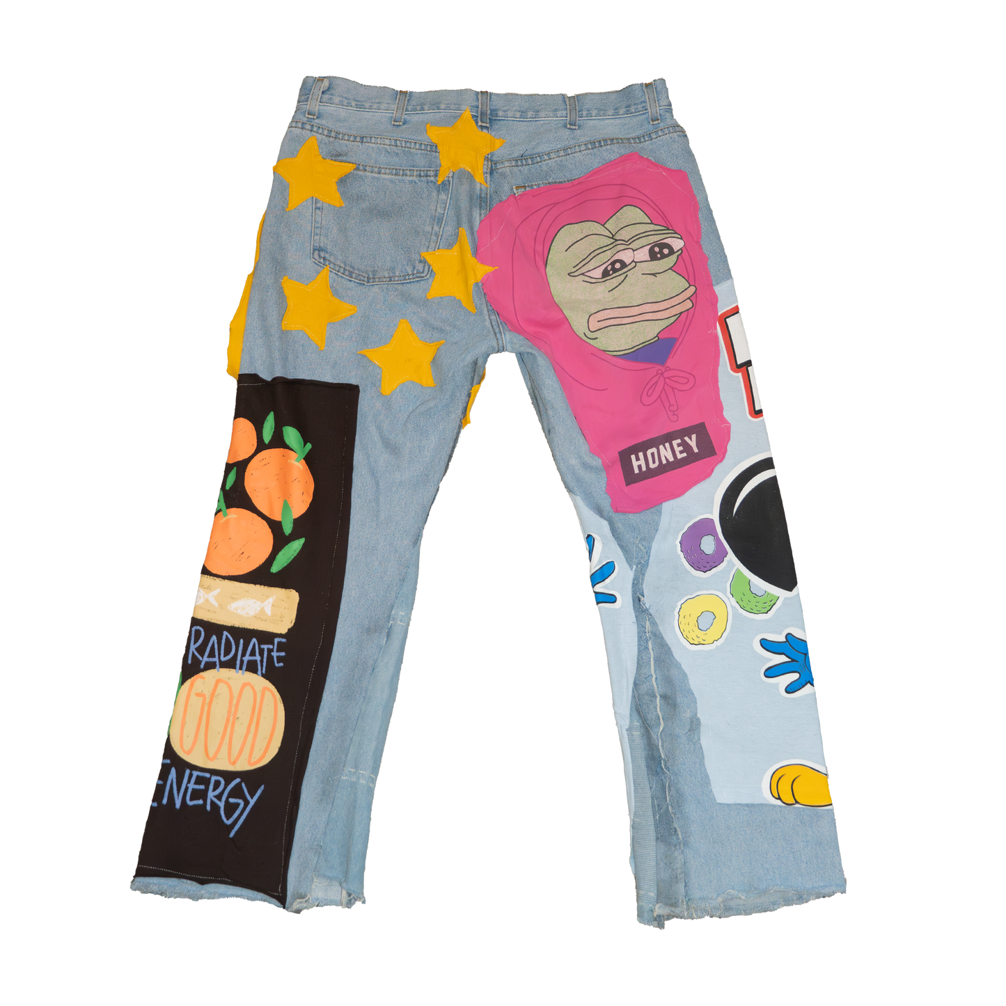 BLUE PATCHWORK FLARED JEANS