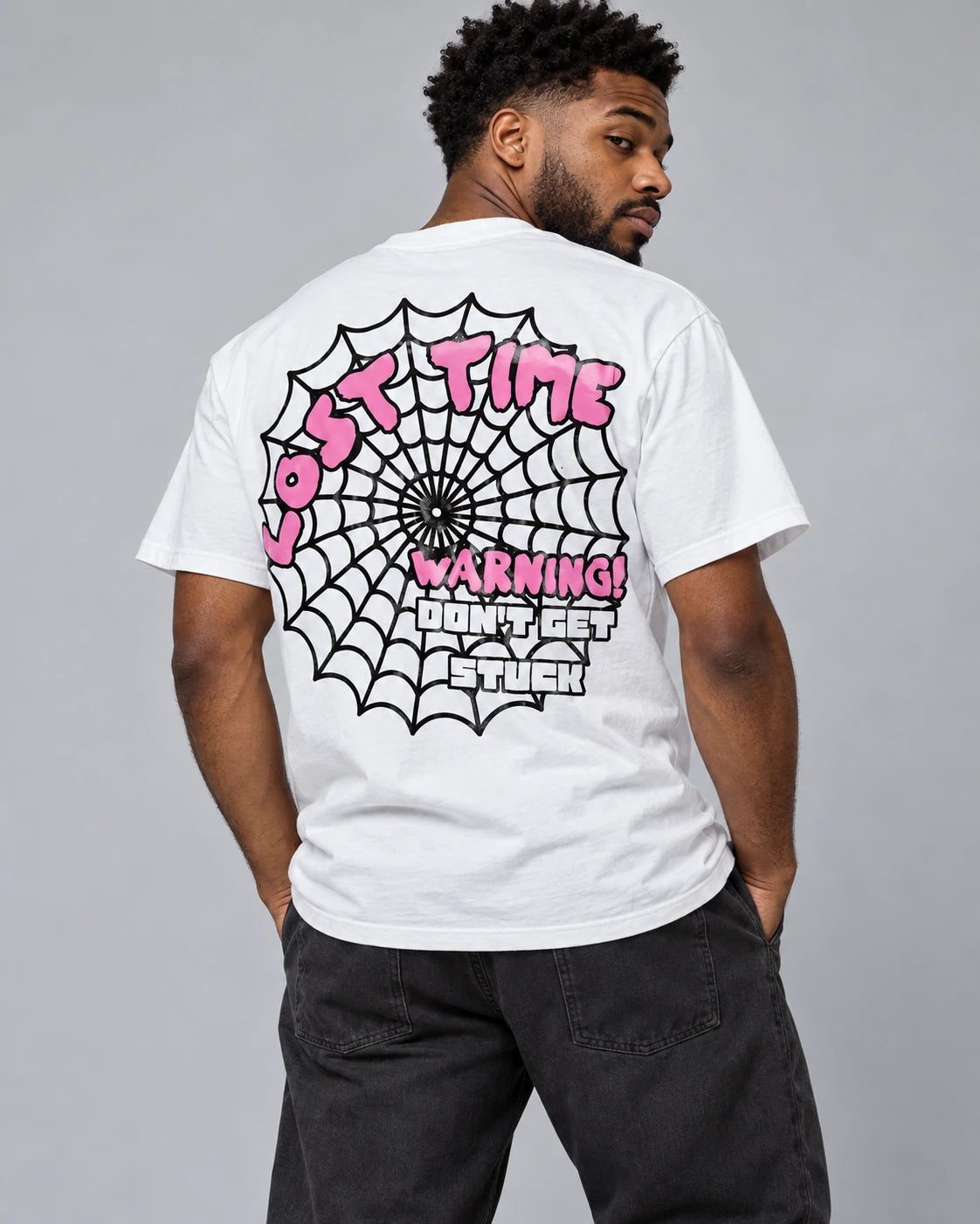 Model wearing “Stuck In Time" Tee WHT (Bubblegum)