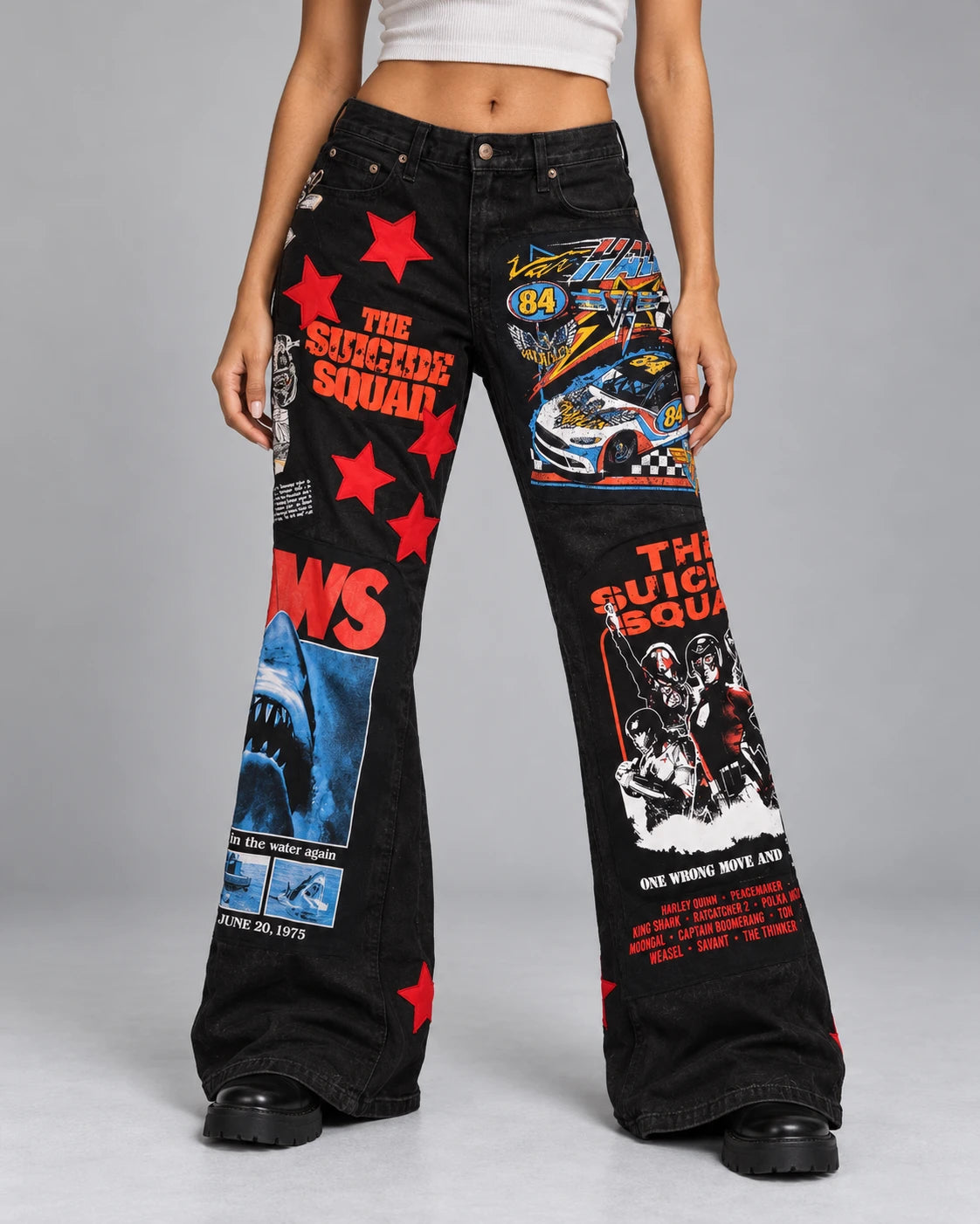 Model wearing BLACK PATCHWORK FLARED JEANS