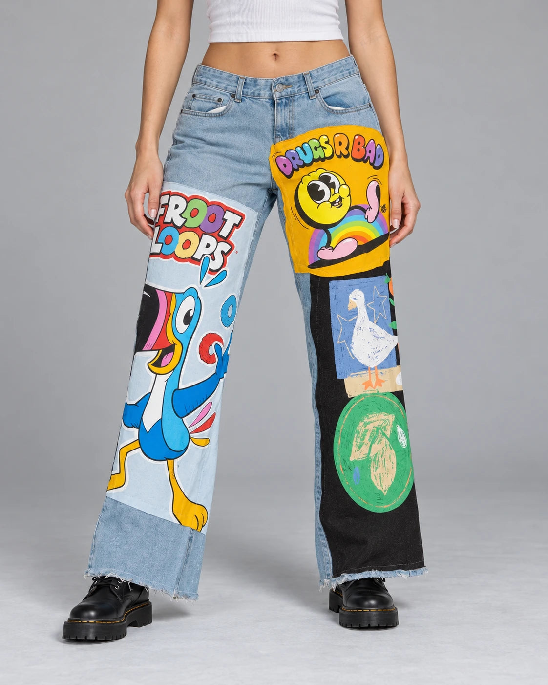 Model wearing BLUE PATCHWORK FLARED JEANS