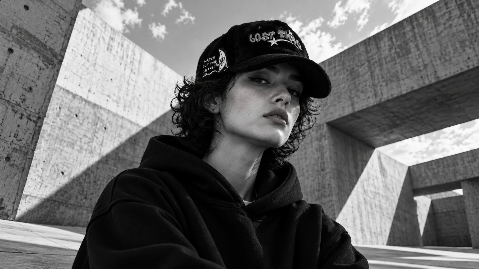 AI campaign concept: the fuzzy Watch Out for Snakes cap in an urban fashion portrait