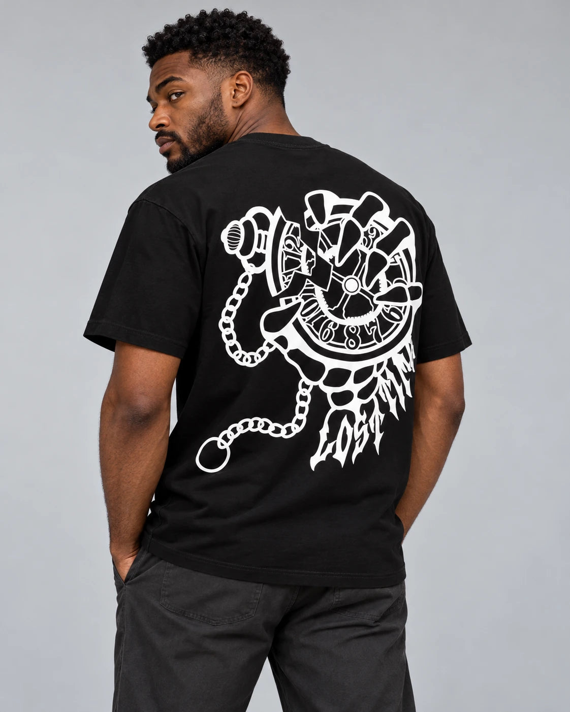 Model wearing "KILLIN' TIME" TEE BLK