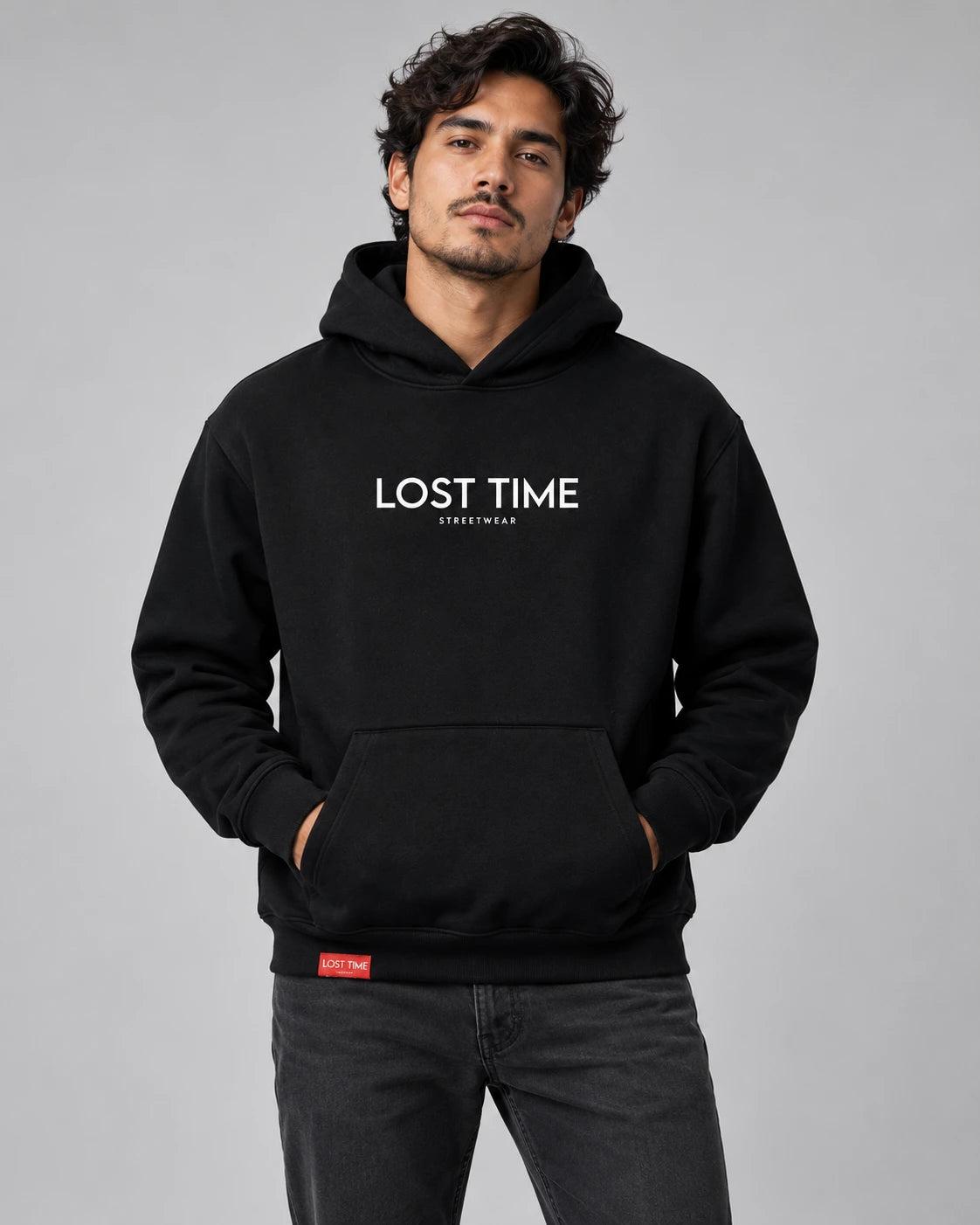 Model wearing "LOST TIME STREETWEAR" HOODIE