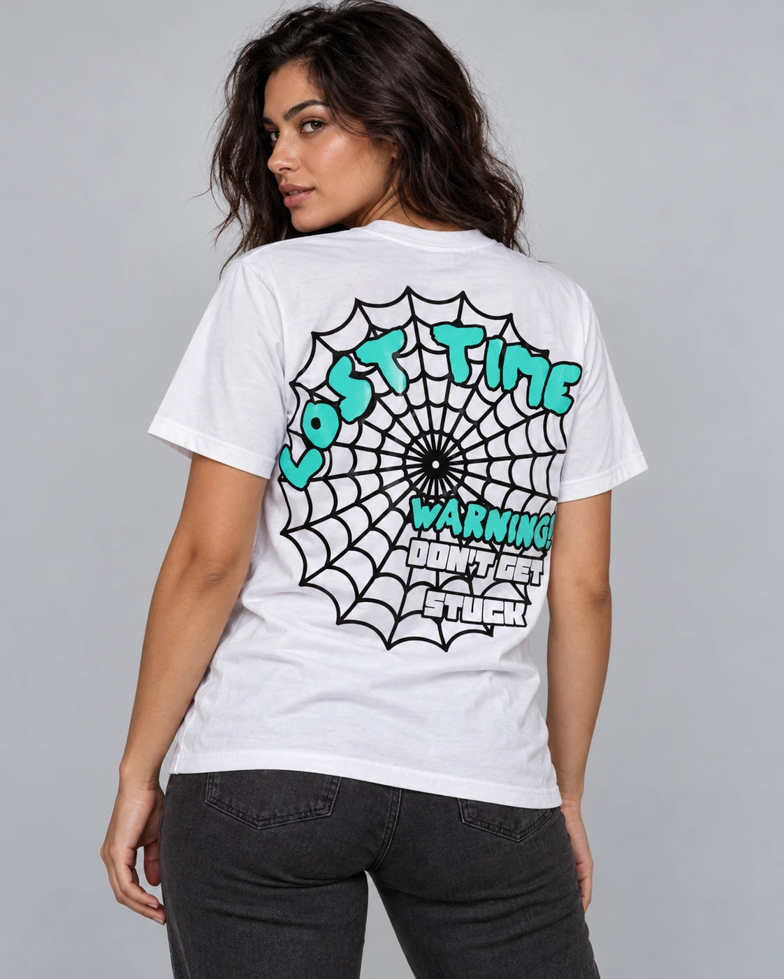 Model wearing "Stuck In Time" Tee WHT (Teal)