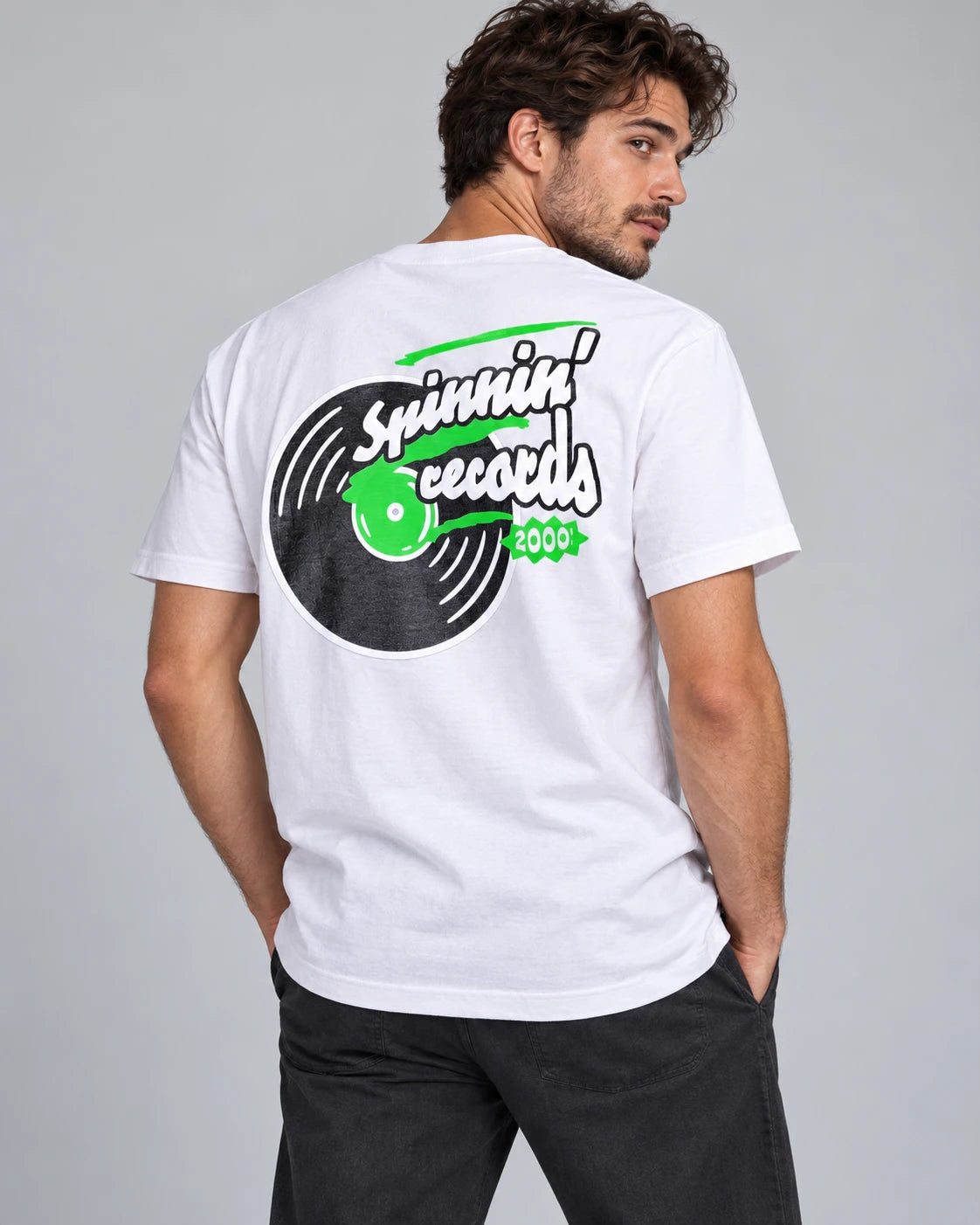 Model wearing “SPINNIN’ RECORDS” TEE