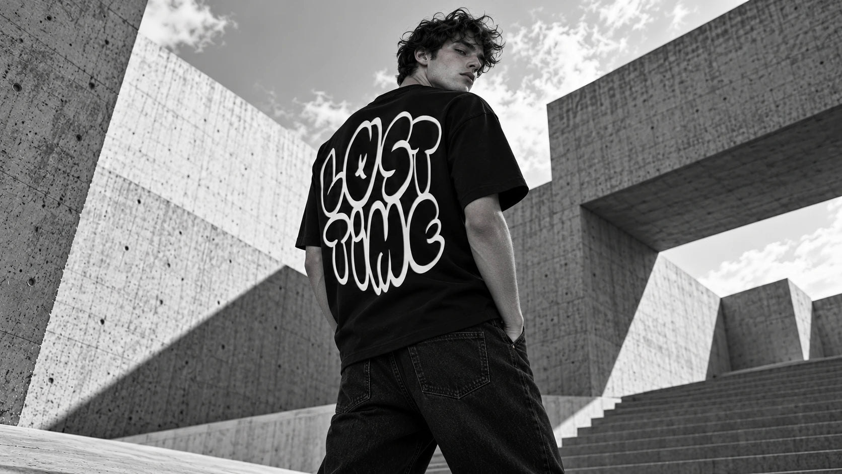 AI campaign concept: a model showing the Graffiti tee against concrete architecture