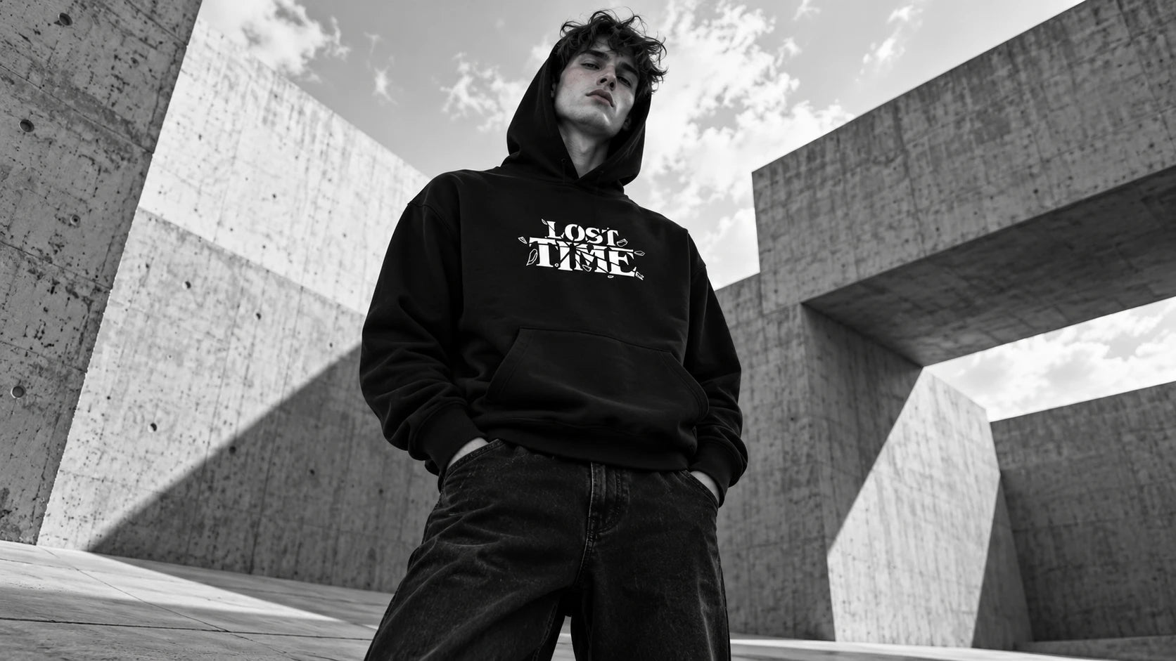 AI campaign concept: a model wearing a black Lost Time hoodie among concrete architecture