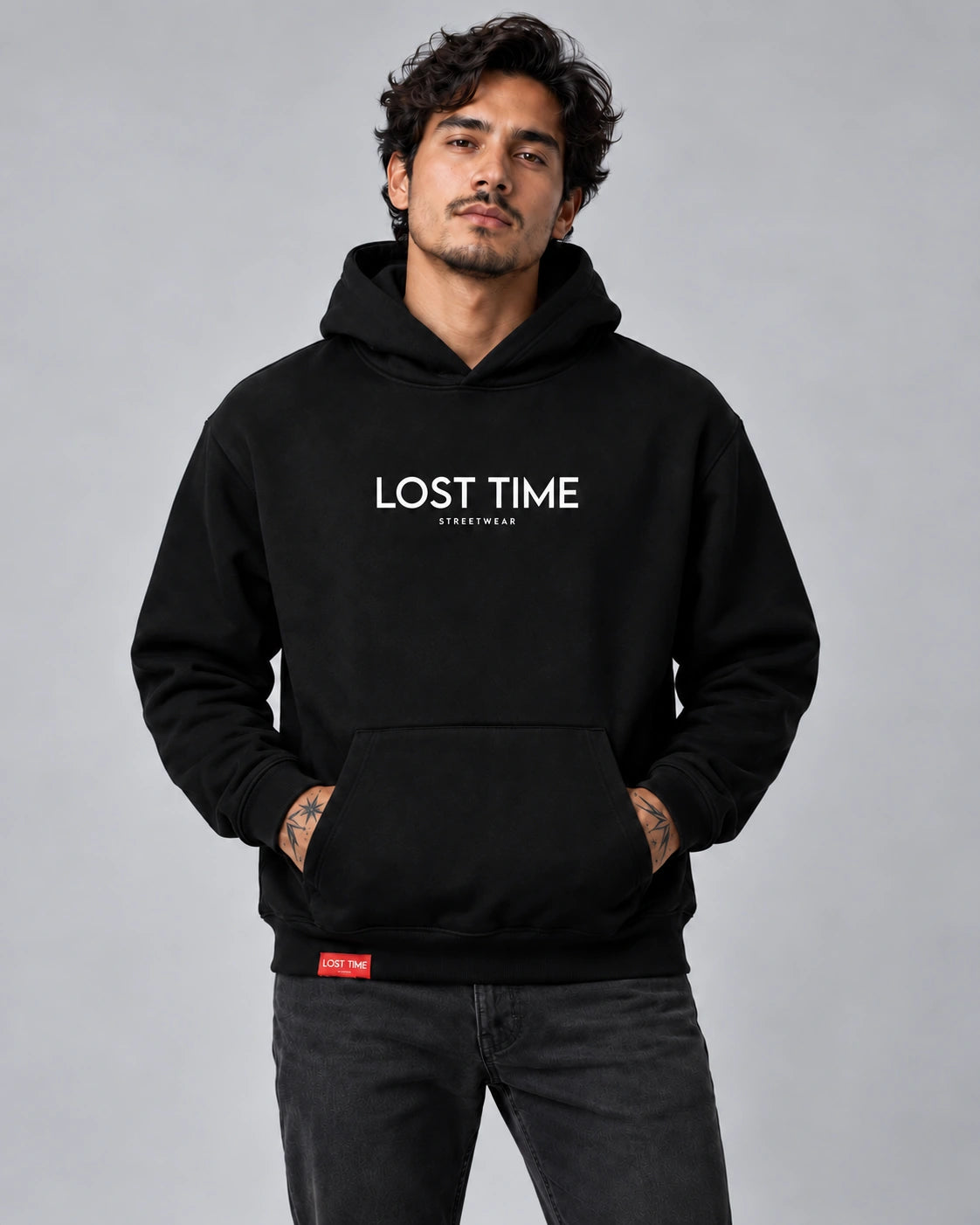 Model wearing Lost Time Streetwear Hoodie
